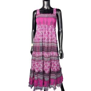 Chaudry by kc Tiered Maxi Dress Pink Purple Paisley Print Bohemian Summer M